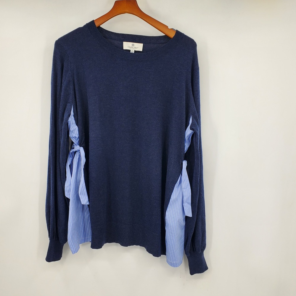 Laurie Felt Navy Blue Mixed Media Side Tie Sweater XL Preppy Office Business